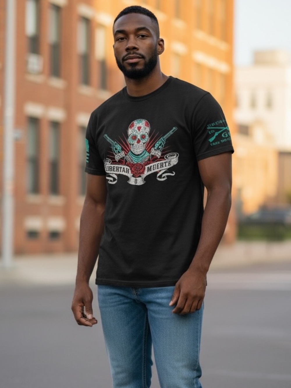 Grunt Style Libertad Muerte Skull Graphic Tee  Black Size Large